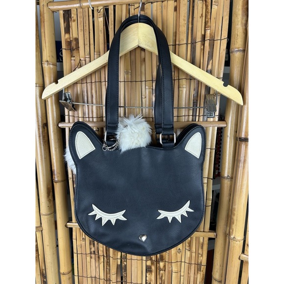 Cute Cat Face Vegan Leather Tote Bag Purse With White Pom Poms - Picture 2 of 14